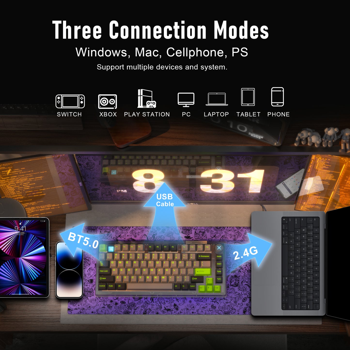 ZIPFORCE Wireless Mechanical Keyboard,81 Keys Hot Swappable Custom Keyboard with Knob,RGB Backlit,2.4GHz/USB-C/BT5.0 Mechanical Gaming Keyboards, PBT Keycaps, 100 Million Keystroke Lifespan