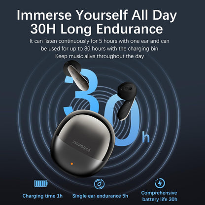 ZIPFORCE True Wireless Earbuds, Semi-In-Ear Bluetooth 5.4 Headphones 6-Mics ANC + ENC Clear Call, Hybrid Earphones Touch Control, IPX5 Waterproof TWS, Light-Weight Earphones