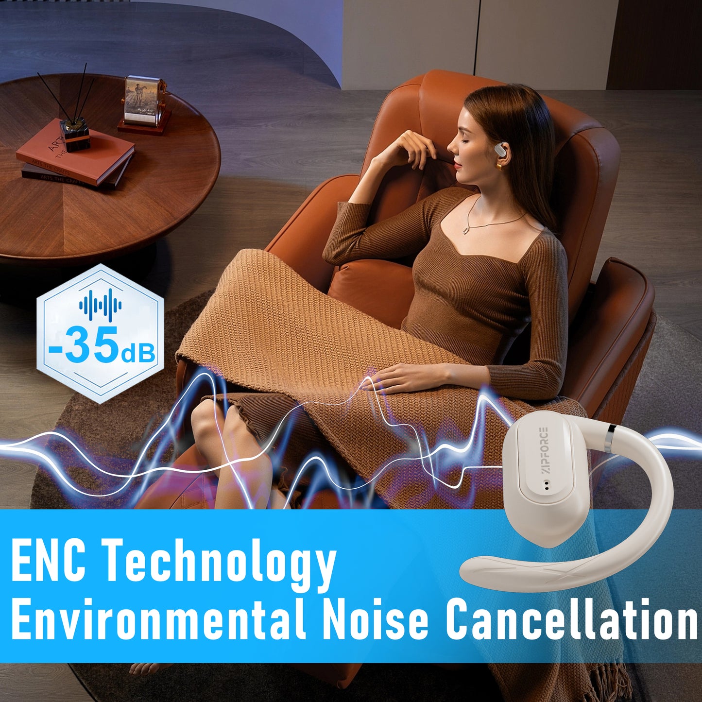 ZIPFORCE True Wireless Earbuds, Open-Ear Bluetooth 5.4 Headphones 4-Mics ENC Clear Call, OWS Bluetooth Earbuds Touch Control, IPX6 Waterproof TWS, Light-Weight Earphones