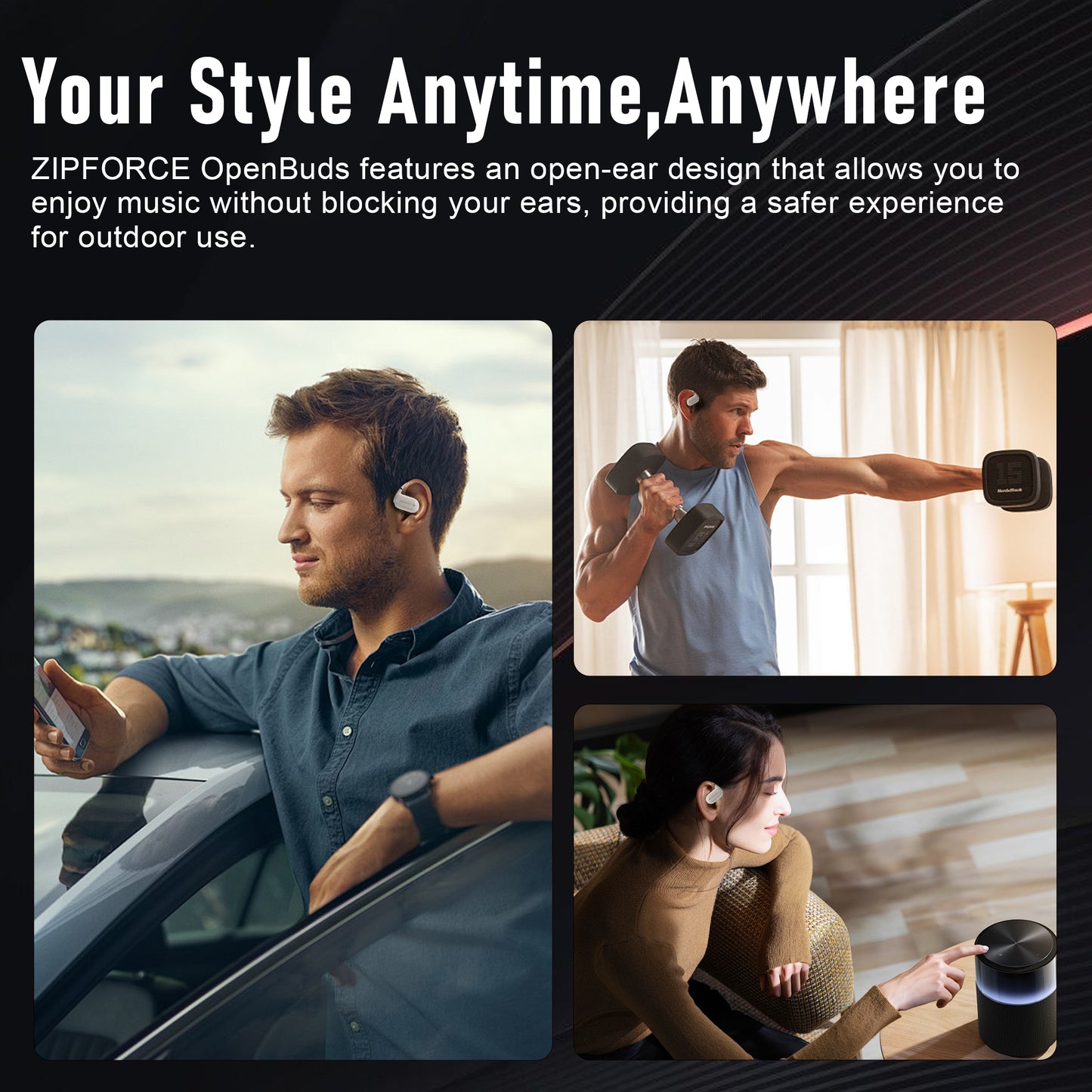 ZIPFORCE True Wireless Earbuds, Open-Ear Bluetooth 5.4 Headphones 4-Mics ENC Clear Call, OWS Bluetooth Earbuds Touch Control, IPX6 Waterproof TWS, Light-Weight Earphones