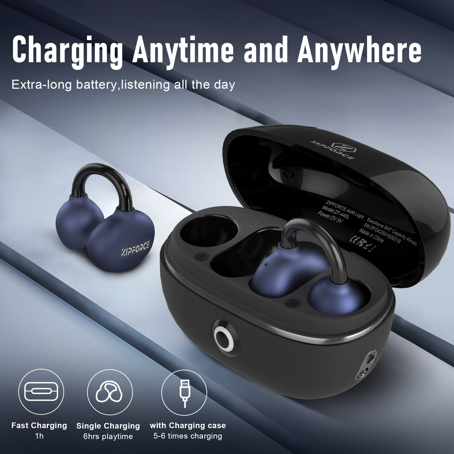 ZIPFORCE True Wireless Earbuds, Open-Ear Bluetooth 5.4 Headphones 2-Mics Clear Call, OWS Bluetooth Earphones Touch Control, IPX4 Waterproof TWS, Light-Weight, Black