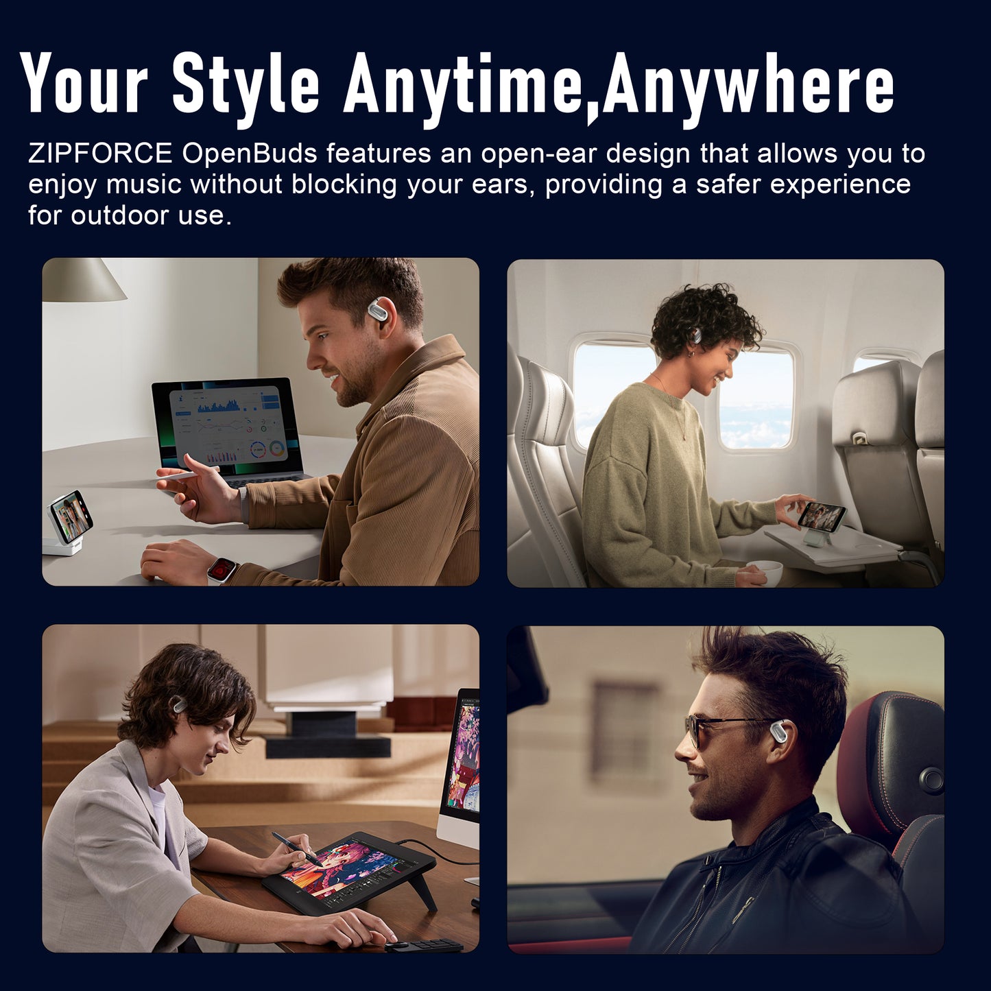 ZIPFORCE True Wireless Earbuds, Open-Ear Bluetooth 5.4 Headphones 4-Mics ENC Clear Call, OWS Bluetooth Earbuds Touch Control, IPX6 Waterproof TWS, Light-Weight, Yellow