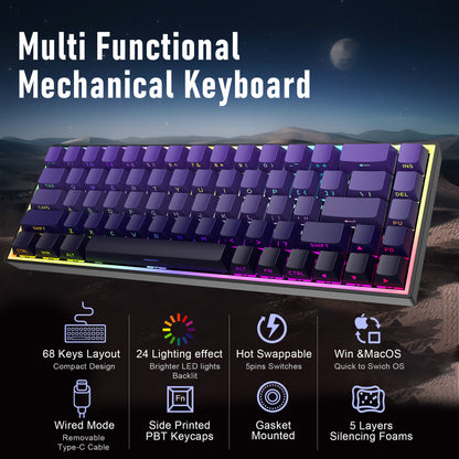 ZIPFORCE 68-Key Mechanical Keyboard, Blue Liner Switches, Type-C Wired Connection, Multi-Color Mixed Backlight, PBT Keycaps, 100 Million Keystroke Lifespan, Hot Swappable Compact Gaming Keyboard
