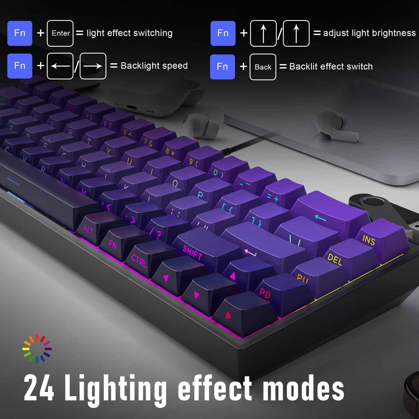 ZIPFORCE 68-Key Mechanical Keyboard, Blue Liner Switches, Type-C Wired Connection, Multi-Color Mixed Backlight, PBT Keycaps, 100 Million Keystroke Lifespan, Hot Swappable Compact Gaming Keyboard