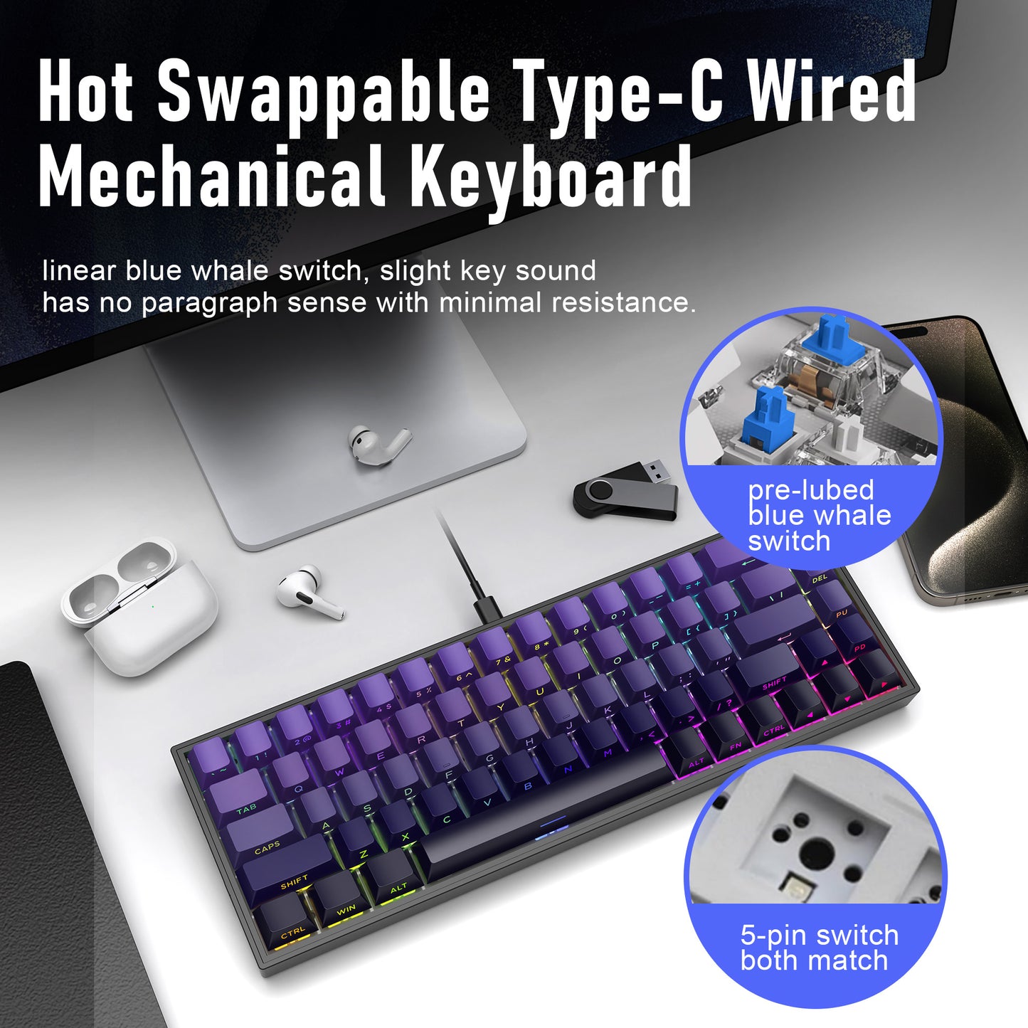 ZIPFORCE 68-Key Mechanical Keyboard, Blue Liner Switches, Type-C Wired Connection, Multi-Color Mixed Backlight, PBT Keycaps, 100 Million Keystroke Lifespan, Hot Swappable Compact Gaming Keyboard
