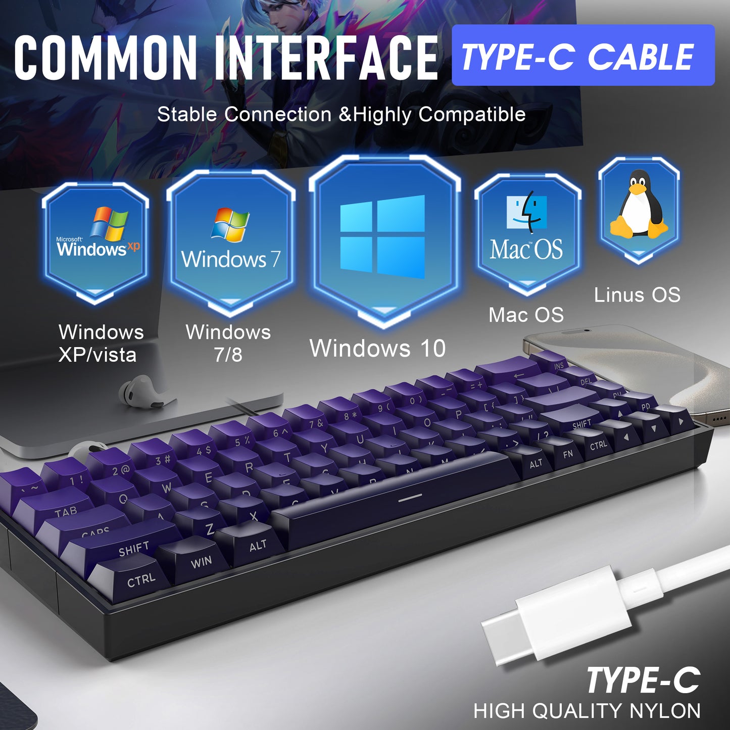 ZIPFORCE 68-Key Mechanical Keyboard, Blue Liner Switches, Type-C Wired Connection, Multi-Color Mixed Backlight, PBT Keycaps, 100 Million Keystroke Lifespan, Hot Swappable Compact Gaming Keyboard
