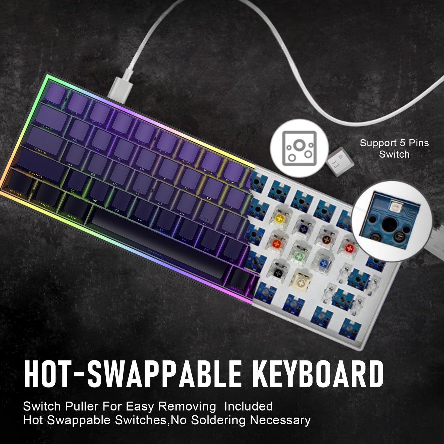 ZIPFORCE 68-Key Mechanical Keyboard, Blue Liner Switches, Type-C Wired Connection, Multi-Color Mixed Backlight, PBT Keycaps, 100 Million Keystroke Lifespan, Hot Swappable Compact Gaming Keyboard